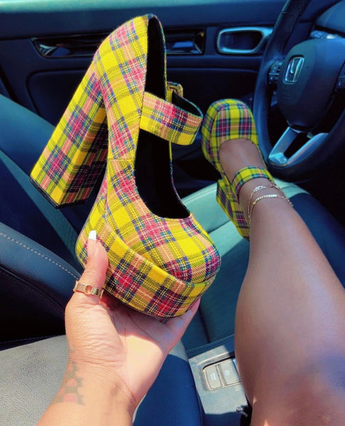Plaid School Girl Chunky Heel Pump w/ankle strap